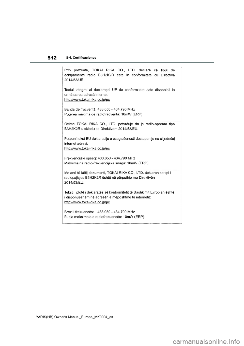 TOYOTA YARIS 2021  Manuale de Empleo (in Spanish) 512
YARIS(HB) Owners Manual_Europe_MK0004_es
8-4. Certificaciones 