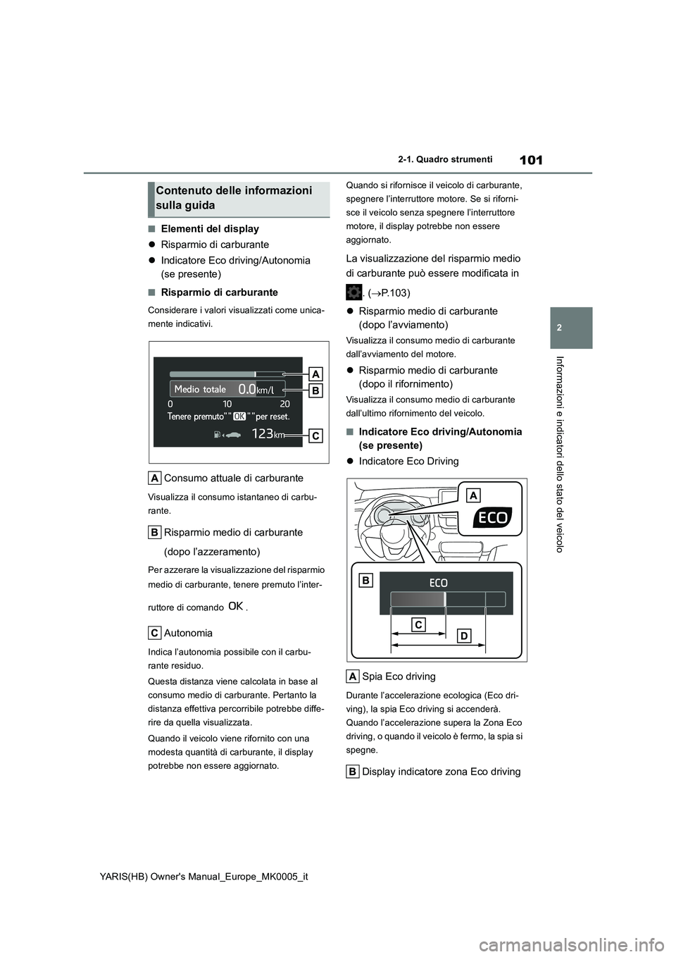 TOYOTA YARIS 2021  Manuale duso (in Italian) 101
2
YARIS(HB) Owners Manual_Europe_MK0005_it
2-1. Quadro strumenti
Informazioni e indicatori dello stato del veicolo
■Elementi del display
�zRisparmio di carburante
�zIndicatore Eco driving/Auton