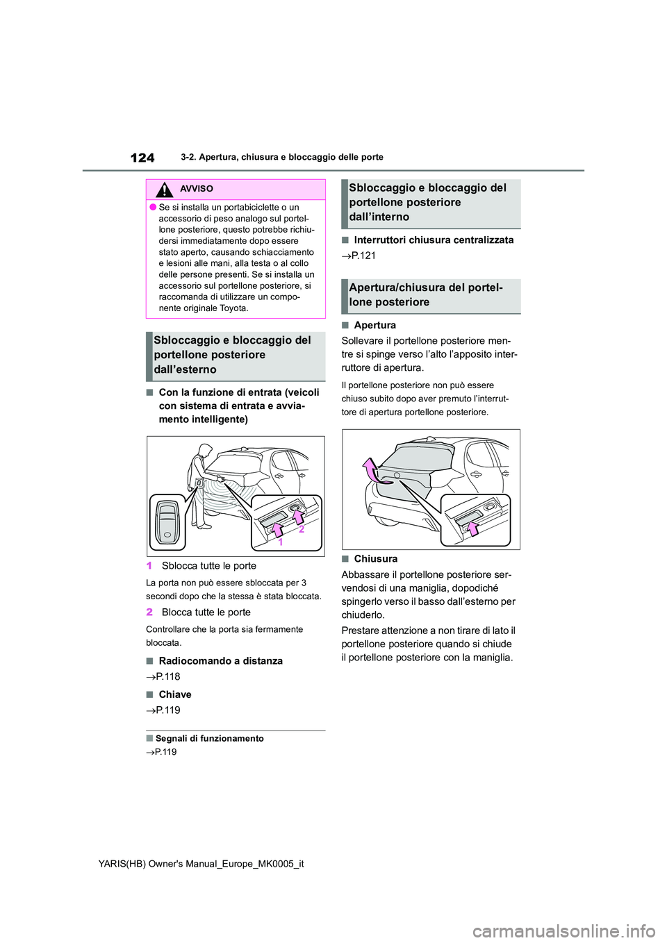 TOYOTA YARIS 2021 Manuale duso (in Italian) 124
YARIS(HB) Owners Manual_Europe_MK0005_it
3-2. Apertura, chiusura e bloccaggio delle porte
■Con la funzione di entrata (veicoli
con sistema di entrata e avvia-
mento intelligente)
1 Sblocca t TOYOTA YARIS 2021 Manuale duso (in Italian) 124
YARIS(HB) Owners Manual_Europe_MK0005_it
3-2. Apertura, chiusura e bloccaggio delle porte
■Con la funzione di entrata (veicoli
con sistema di entrata e avvia-
mento intelligente)
1 Sblocca t