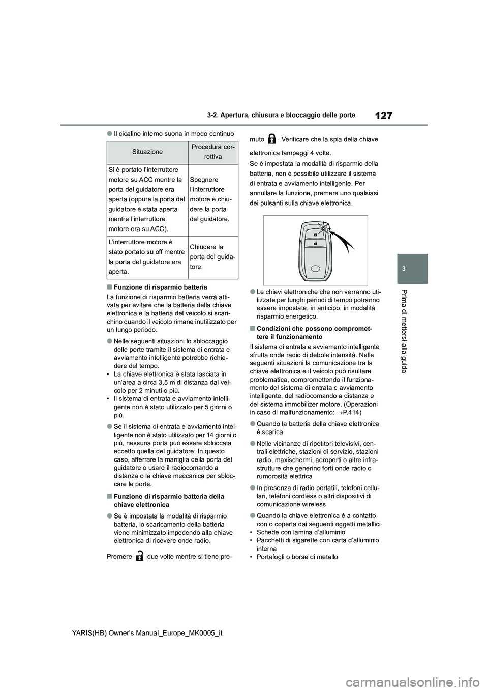 TOYOTA YARIS 2021 Manuale duso (in Italian) 127
3
YARIS(HB) Owners Manual_Europe_MK0005_it
3-2. Apertura, chiusura e bloccaggio delle porte
Prima di mettersi alla guida
●Il cicalino interno suona in modo continuo
■Funzione di risparmio bat TOYOTA YARIS 2021 Manuale duso (in Italian) 127
3
YARIS(HB) Owners Manual_Europe_MK0005_it
3-2. Apertura, chiusura e bloccaggio delle porte
Prima di mettersi alla guida
●Il cicalino interno suona in modo continuo
■Funzione di risparmio bat