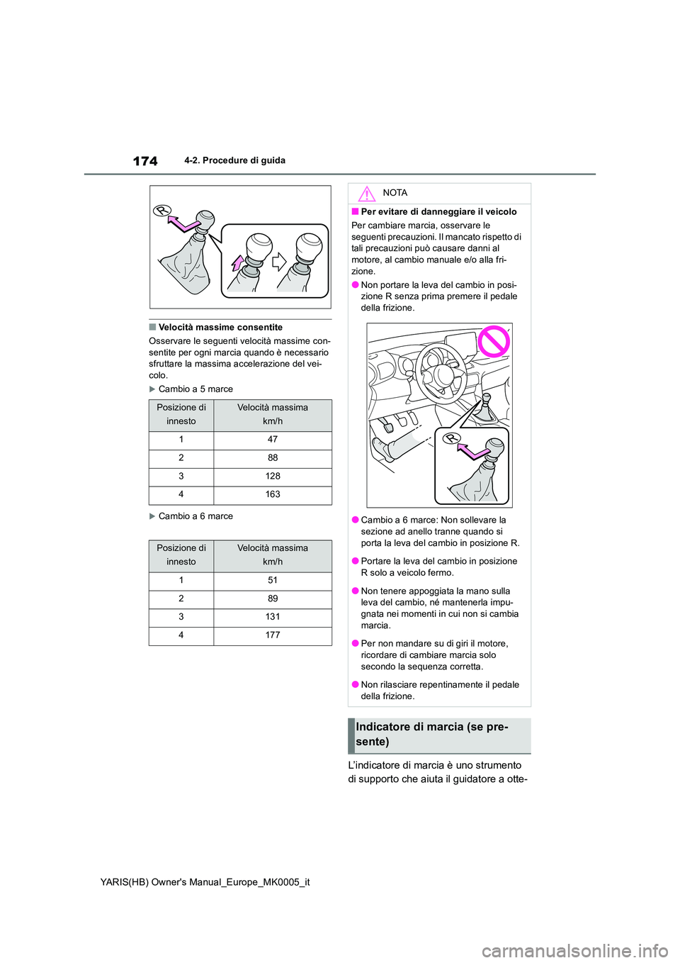 TOYOTA YARIS 2021 Manuale duso (in Italian) 174
YARIS(HB) Owners Manual_Europe_MK0005_it
4-2. Procedure di guida
■Velocità massime consentite
Osservare le seguenti velocità massime con- sentite per ogni marcia quando è necessario sfrutta TOYOTA YARIS 2021 Manuale duso (in Italian) 174
YARIS(HB) Owners Manual_Europe_MK0005_it
4-2. Procedure di guida
■Velocità massime consentite
Osservare le seguenti velocità massime con- sentite per ogni marcia quando è necessario sfrutta