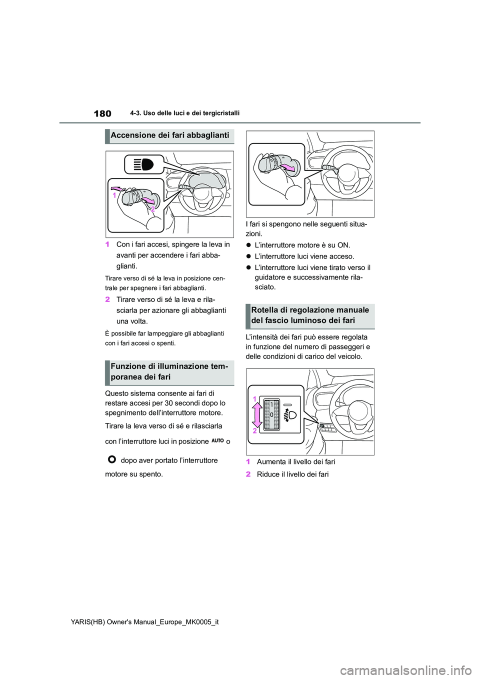 TOYOTA YARIS 2021 Manuale duso (in Italian) 180
YARIS(HB) Owners Manual_Europe_MK0005_it
4-3. Uso delle luci e dei tergicristalli
1Con i fari accesi, spingere la leva in
avanti per accendere i fari abba-
glianti.
Tirare verso di sé la leva TOYOTA YARIS 2021 Manuale duso (in Italian) 180
YARIS(HB) Owners Manual_Europe_MK0005_it
4-3. Uso delle luci e dei tergicristalli
1Con i fari accesi, spingere la leva in
avanti per accendere i fari abba-
glianti.
Tirare verso di sé la leva