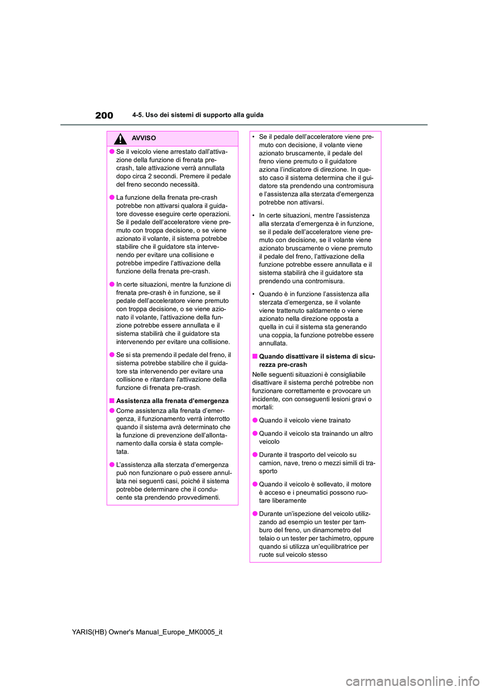 TOYOTA YARIS 2021 Manuale duso (in Italian) 200
YARIS(HB) Owners Manual_Europe_MK0005_it
4-5. Uso dei sistemi di supporto alla guida
AVVISO
●Se il veicolo viene arrestato dall’attiva-
zione della funzione di frenata pre- crash, tale attiv TOYOTA YARIS 2021 Manuale duso (in Italian) 200
YARIS(HB) Owners Manual_Europe_MK0005_it
4-5. Uso dei sistemi di supporto alla guida
AVVISO
●Se il veicolo viene arrestato dall’attiva-
zione della funzione di frenata pre- crash, tale attiv