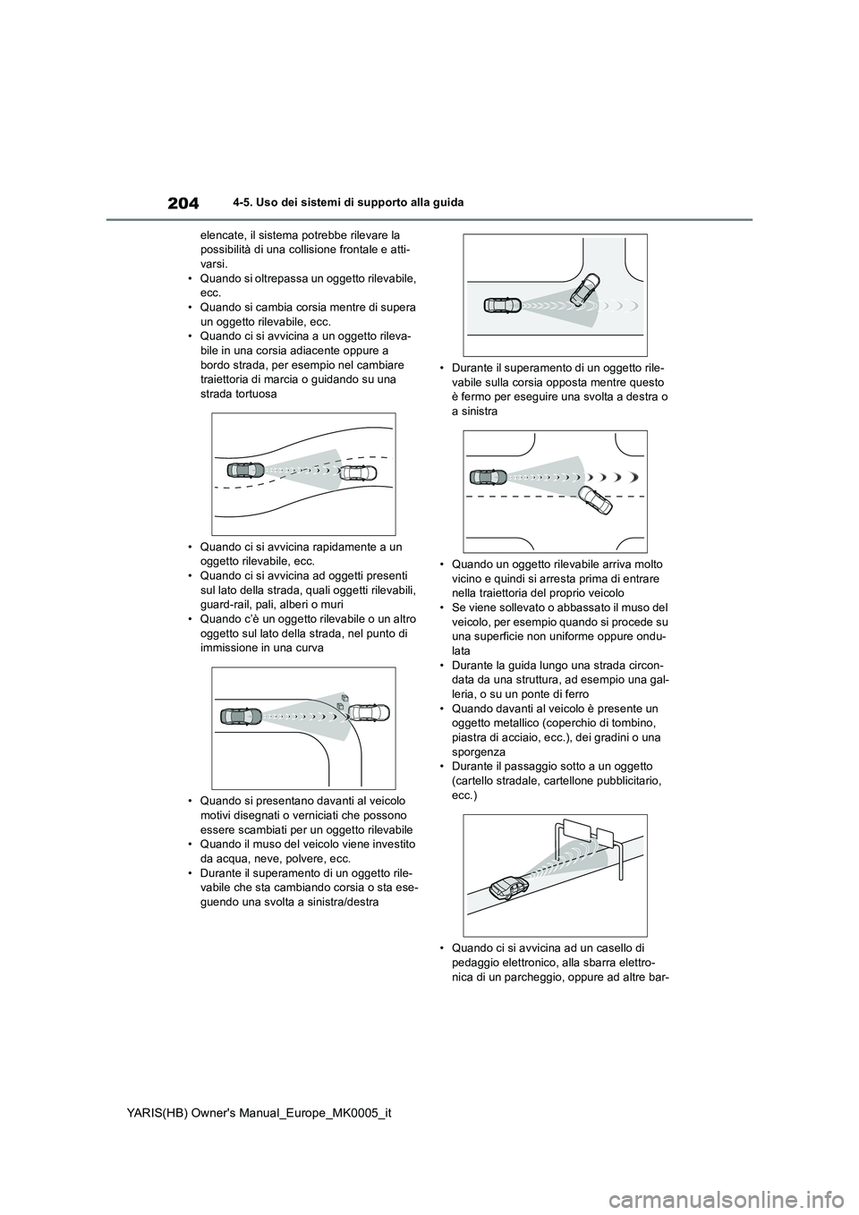 TOYOTA YARIS 2021 Manuale duso (in Italian) 204
YARIS(HB) Owners Manual_Europe_MK0005_it
4-5. Uso dei sistemi di supporto alla guida
elencate, il sistema potrebbe rilevare la possibilità di una collisione frontale e atti-varsi.
• Quando TOYOTA YARIS 2021 Manuale duso (in Italian) 204
YARIS(HB) Owners Manual_Europe_MK0005_it
4-5. Uso dei sistemi di supporto alla guida
elencate, il sistema potrebbe rilevare la possibilità di una collisione frontale e atti-varsi.
• Quando