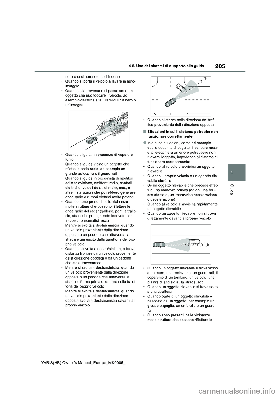 TOYOTA YARIS 2021 Manuale duso (in Italian) 205
4
YARIS(HB) Owners Manual_Europe_MK0005_it
4-5. Uso dei sistemi di supporto alla guida
Guida
riere che si aprono e si chiudono
• Quando si porta il veicolo a lavare in auto-
lavaggio
• Quando TOYOTA YARIS 2021 Manuale duso (in Italian) 205
4
YARIS(HB) Owners Manual_Europe_MK0005_it
4-5. Uso dei sistemi di supporto alla guida
Guida
riere che si aprono e si chiudono
• Quando si porta il veicolo a lavare in auto-
lavaggio
• Quando