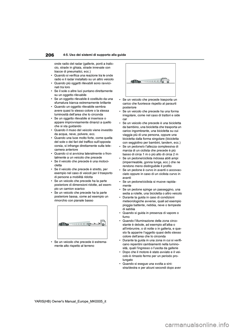 TOYOTA YARIS 2021 Manuale duso (in Italian) 206
YARIS(HB) Owners Manual_Europe_MK0005_it
4-5. Uso dei sistemi di supporto alla guida
onde radio del radar (gallerie, ponti a tralic-
cio, strade in ghiaia, strade innevate con
tracce di pneumati TOYOTA YARIS 2021 Manuale duso (in Italian) 206
YARIS(HB) Owners Manual_Europe_MK0005_it
4-5. Uso dei sistemi di supporto alla guida
onde radio del radar (gallerie, ponti a tralic-
cio, strade in ghiaia, strade innevate con
tracce di pneumati
