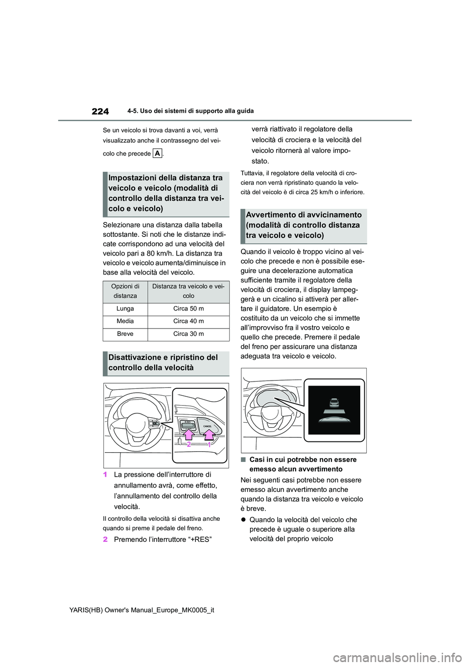 TOYOTA YARIS 2021 Manuale duso (in Italian) 224
YARIS(HB) Owners Manual_Europe_MK0005_it
4-5. Uso dei sistemi di supporto alla guida
Se un veicolo si trova davanti a voi, verrà
visualizzato anche il contrassegno del vei-
colo che precede TOYOTA YARIS 2021 Manuale duso (in Italian) 224
YARIS(HB) Owners Manual_Europe_MK0005_it
4-5. Uso dei sistemi di supporto alla guida
Se un veicolo si trova davanti a voi, verrà
visualizzato anche il contrassegno del vei-
colo che precede