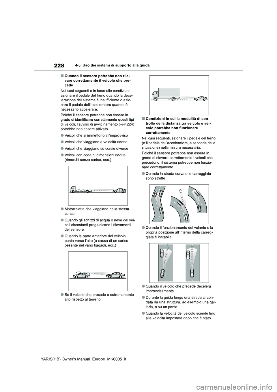 TOYOTA YARIS 2021  Manuale duso (in Italian) 228
YARIS(HB) Owners Manual_Europe_MK0005_it
4-5. Uso dei sistemi di supporto alla guida
■Quando il sensore potrebbe non rile-
vare correttamente il veicolo che pre-
cede
Nei casi seguenti e in bas