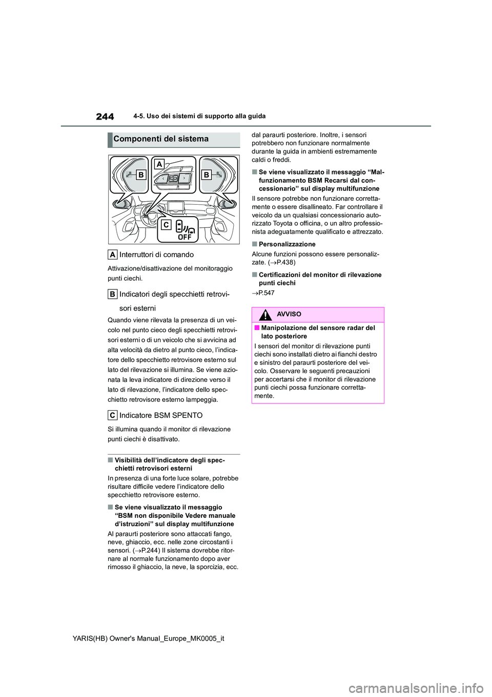 TOYOTA YARIS 2021  Manuale duso (in Italian) 244
YARIS(HB) Owners Manual_Europe_MK0005_it
4-5. Uso dei sistemi di supporto alla guida
Interruttori di comando
Attivazione/disattivazione del monitoraggio  
punti ciechi.
Indicatori degli specchiet
