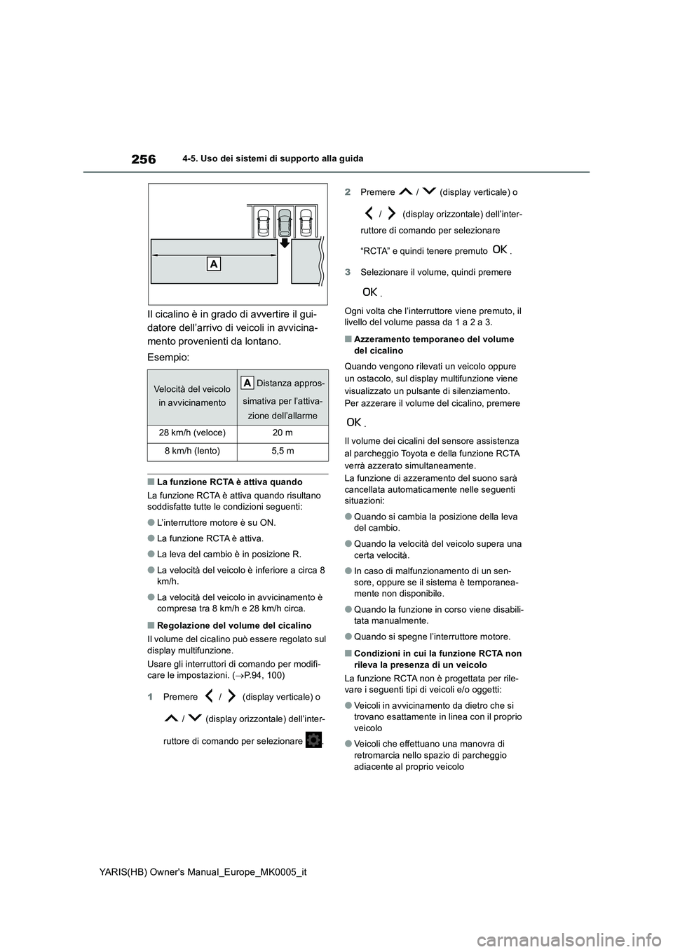 TOYOTA YARIS 2021 Manuale duso (in Italian) 256
YARIS(HB) Owners Manual_Europe_MK0005_it
4-5. Uso dei sistemi di supporto alla guida
Il cicalino è in grado di avvertire il gui-
datore dell’arrivo di veicoli in avvicina-
mento provenienti d TOYOTA YARIS 2021 Manuale duso (in Italian) 256
YARIS(HB) Owners Manual_Europe_MK0005_it
4-5. Uso dei sistemi di supporto alla guida
Il cicalino è in grado di avvertire il gui-
datore dell’arrivo di veicoli in avvicina-
mento provenienti d