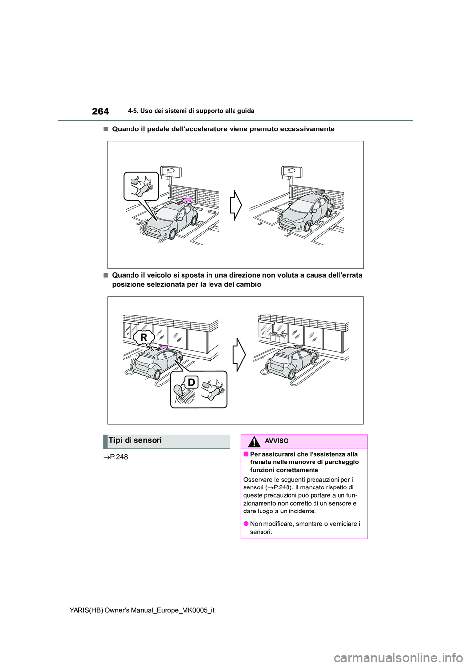 TOYOTA YARIS 2021  Manuale duso (in Italian) 264
YARIS(HB) Owners Manual_Europe_MK0005_it
4-5. Uso dei sistemi di supporto alla guida
■Quando il pedale dell’acceleratore viene premuto eccessivamente
■Quando il veicolo si sposta in una dir