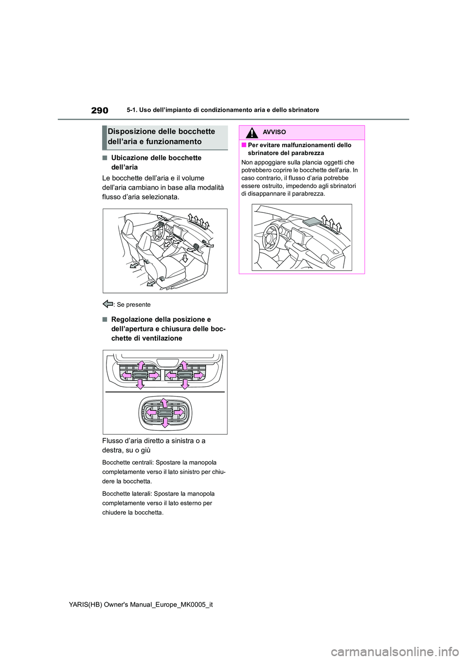 TOYOTA YARIS 2021  Manuale duso (in Italian) 290
YARIS(HB) Owners Manual_Europe_MK0005_it
5-1. Uso dell’impianto di condizionamento aria e dello sbrinatore
■Ubicazione delle bocchette  
dell’aria 
Le bocchette dell’aria e il volume  
de