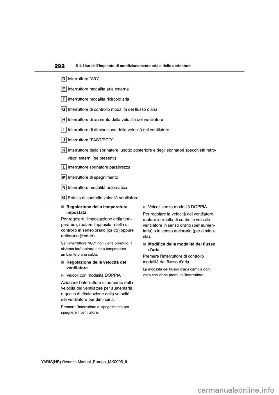 TOYOTA YARIS 2021 Manuale duso (in Italian) 292
YARIS(HB) Owners Manual_Europe_MK0005_it
5-1. Uso dell’impianto di condizionamento aria e dello sbrinatore
Interruttore “A/C”
Interruttore modalità aria esterna
Interruttore modalità rici TOYOTA YARIS 2021 Manuale duso (in Italian) 292
YARIS(HB) Owners Manual_Europe_MK0005_it
5-1. Uso dell’impianto di condizionamento aria e dello sbrinatore
Interruttore “A/C”
Interruttore modalità aria esterna
Interruttore modalità rici