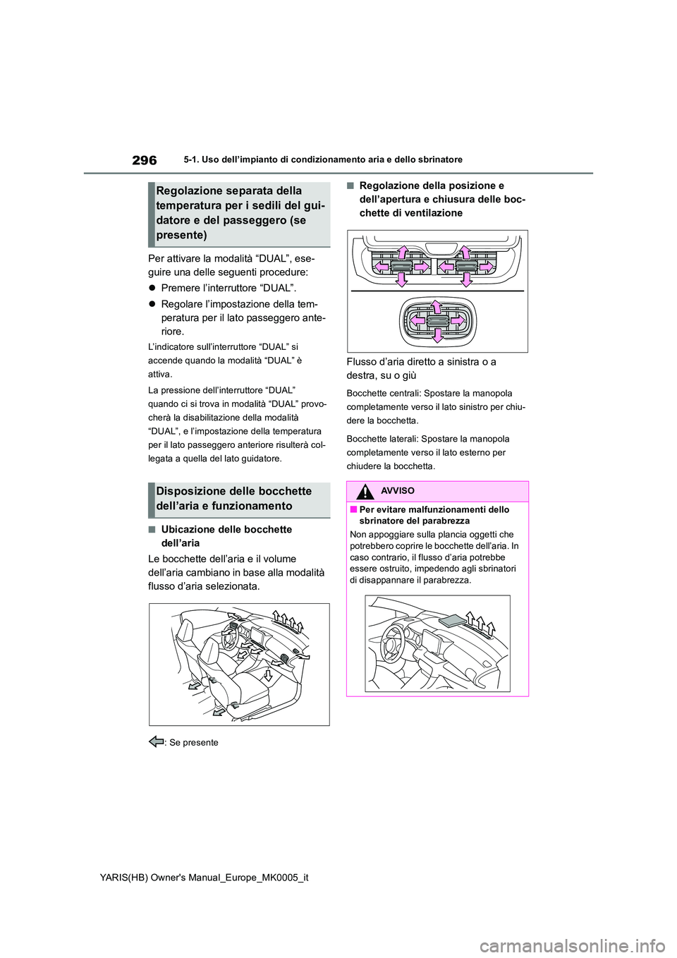 TOYOTA YARIS 2021  Manuale duso (in Italian) 296
YARIS(HB) Owners Manual_Europe_MK0005_it
5-1. Uso dell’impianto di condizionamento aria e dello sbrinatore
Per attivare la modalità “DUAL”, ese- 
guire una delle seguenti procedure: 
�z Pr