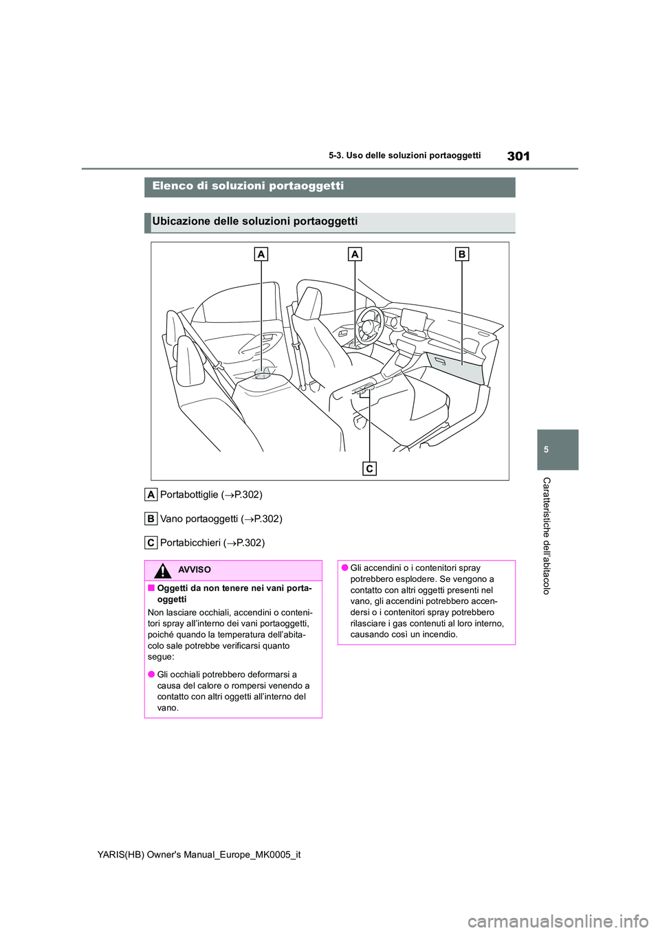 TOYOTA YARIS 2021  Manuale duso (in Italian) 301
5
YARIS(HB) Owners Manual_Europe_MK0005_it
5-3. Uso delle soluzioni portaoggetti
Caratteristiche dell’abitacolo
5-3.Uso  delle s oluzioni po rtaogge tti
Portabottiglie (→P.302) 
Vano portaogg