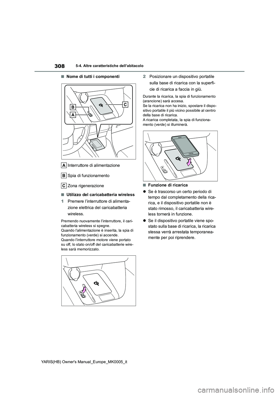 TOYOTA YARIS 2021 Manuale duso (in Italian) 308
YARIS(HB) Owners Manual_Europe_MK0005_it
5-4. Altre caratteristiche dell’abitacolo
■Nome di tutti i componenti
Interruttore di alimentazione
Spia di funzionamento
Zona rigenerazione
■Utiliz TOYOTA YARIS 2021 Manuale duso (in Italian) 308
YARIS(HB) Owners Manual_Europe_MK0005_it
5-4. Altre caratteristiche dell’abitacolo
■Nome di tutti i componenti
Interruttore di alimentazione
Spia di funzionamento
Zona rigenerazione
■Utiliz