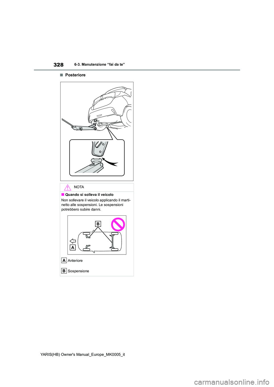 TOYOTA YARIS 2021  Manuale duso (in Italian) 328
YARIS(HB) Owners Manual_Europe_MK0005_it
6-3. Manutenzione “fai da te”
■Posteriore
NOTA
■Quando si solleva il veicolo 
Non sollevare il veicolo applicando il marti- 
netto alle sospension