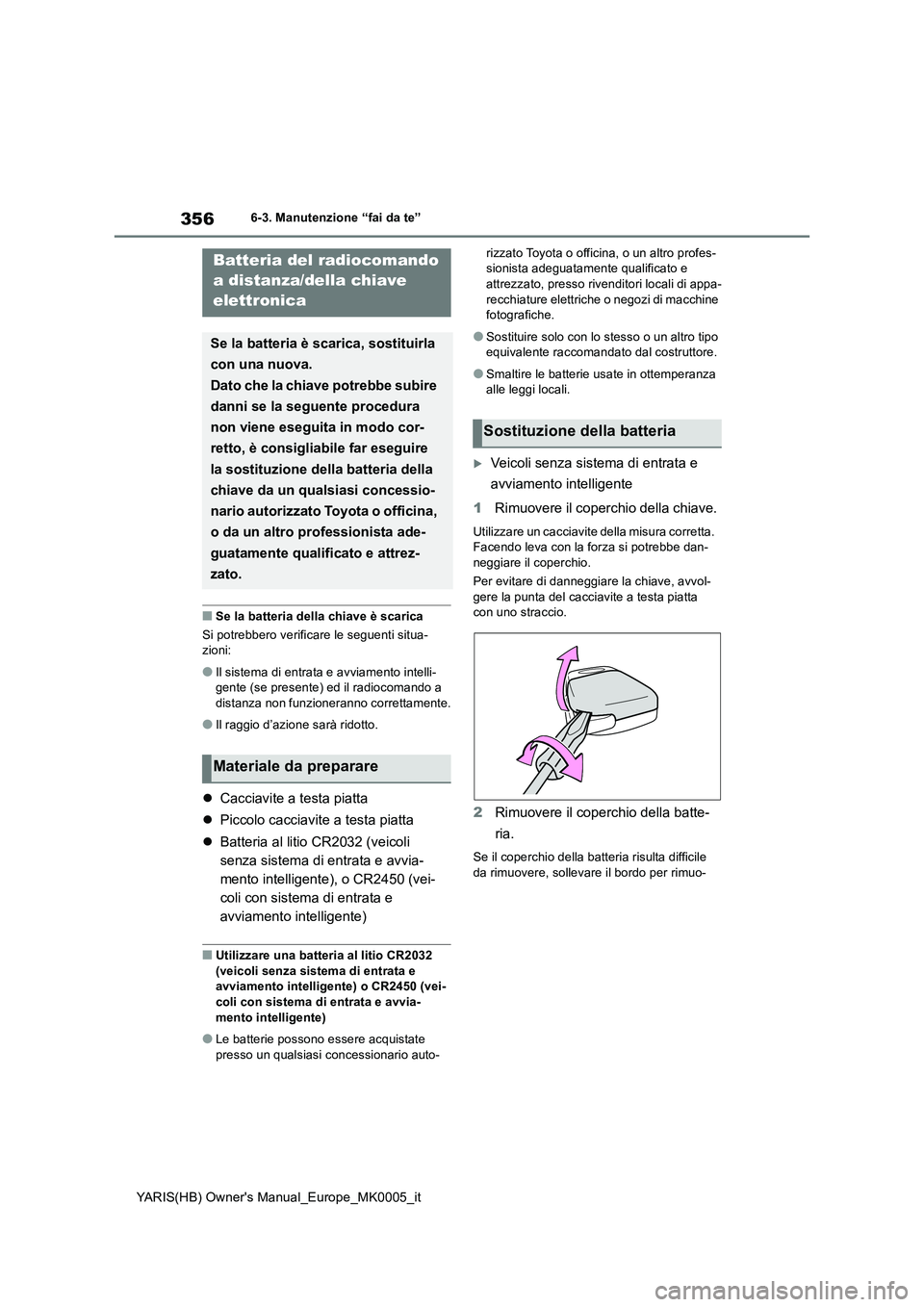 TOYOTA YARIS 2021  Manuale duso (in Italian) 356
YARIS(HB) Owners Manual_Europe_MK0005_it
6-3. Manutenzione “fai da te”
■Se la batteria della chiave è scarica
Si potrebbero verificare le seguenti situa-
zioni:
●Il sistema di entrata e 