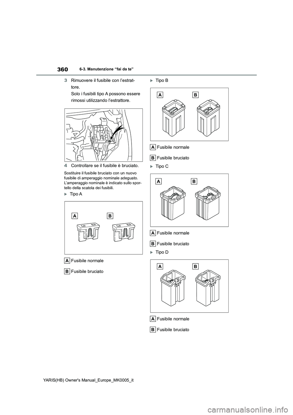 TOYOTA YARIS 2021  Manuale duso (in Italian) 360
YARIS(HB) Owners Manual_Europe_MK0005_it
6-3. Manutenzione “fai da te”
3Rimuovere il fusibile con l’estrat-
tore.
Solo i fusibili tipo A possono essere 
rimossi utilizzando l’estrattore.
