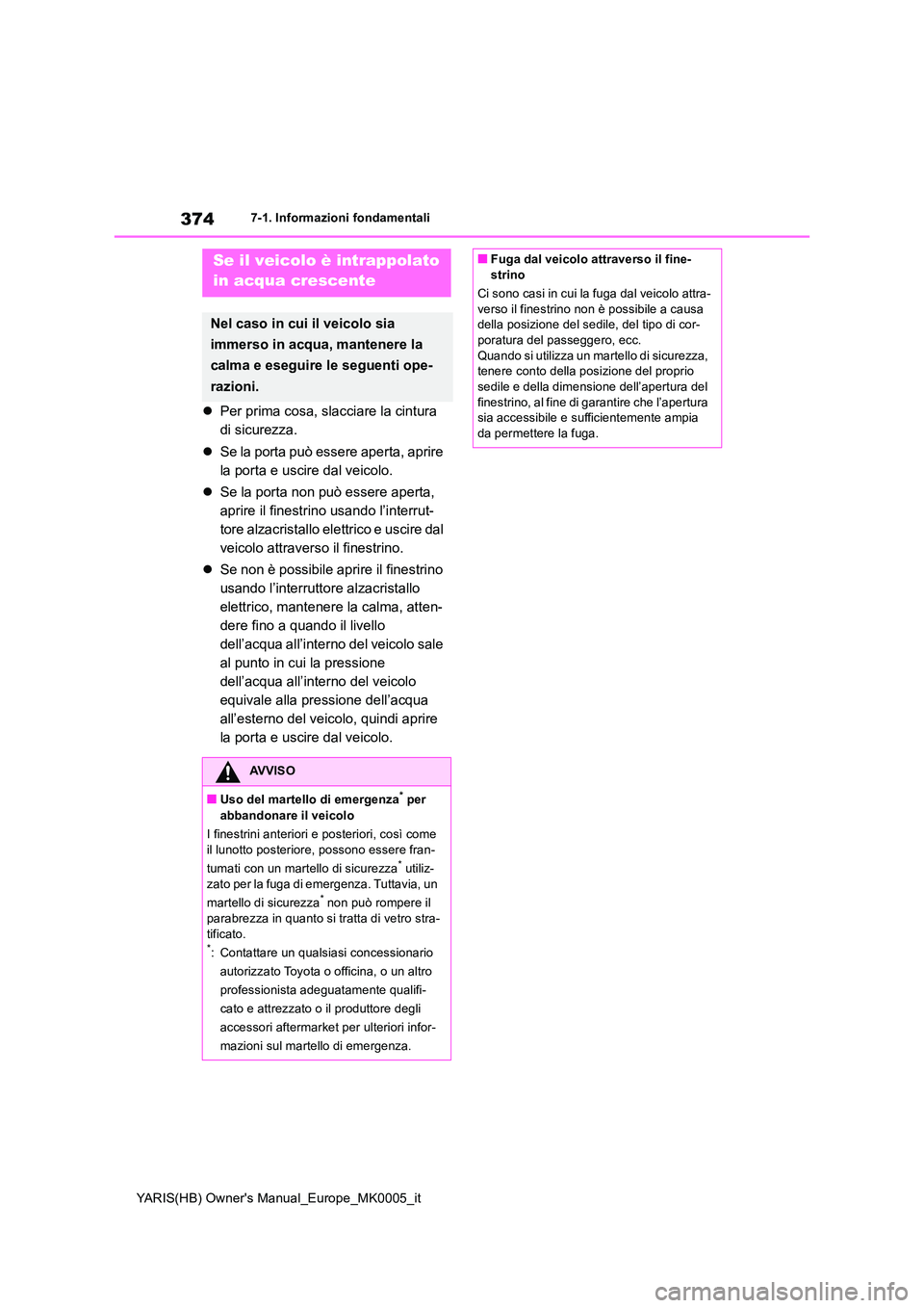 TOYOTA YARIS 2021  Manuale duso (in Italian) 374
YARIS(HB) Owners Manual_Europe_MK0005_it
7-1. Informazioni fondamentali
�zPer prima cosa, slacciare la cintura  
di sicurezza. 
�z Se la porta può essere aperta, aprire  
la porta e uscire dal v