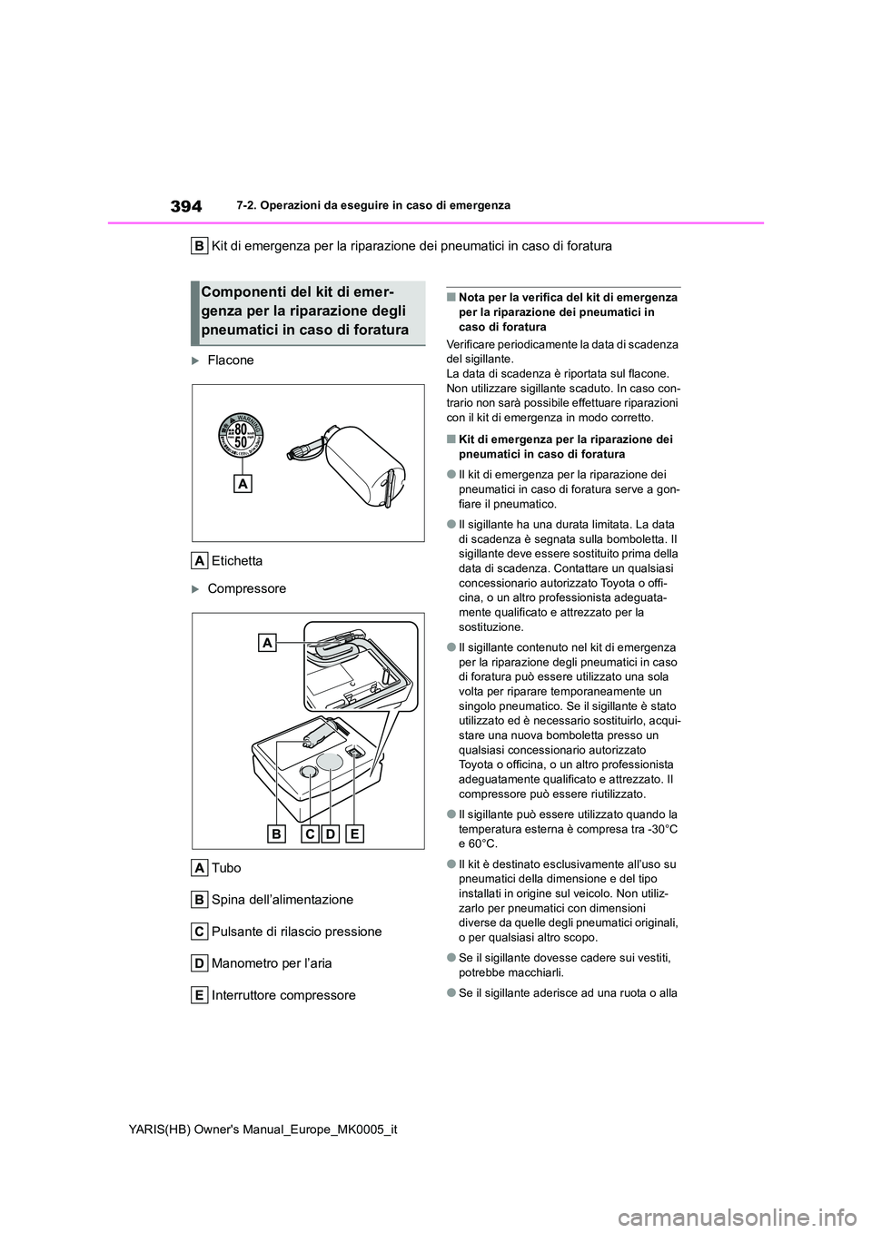 TOYOTA YARIS 2021 Manuale duso (in Italian) 394
YARIS(HB) Owners Manual_Europe_MK0005_it
7-2. Operazioni da eseguire in caso di emergenza
Kit di emergenza per la riparazione dei pneumatici in caso di foratura
Flacone
Etichetta
Compresso TOYOTA YARIS 2021 Manuale duso (in Italian) 394
YARIS(HB) Owners Manual_Europe_MK0005_it
7-2. Operazioni da eseguire in caso di emergenza
Kit di emergenza per la riparazione dei pneumatici in caso di foratura
Flacone
Etichetta
Compresso