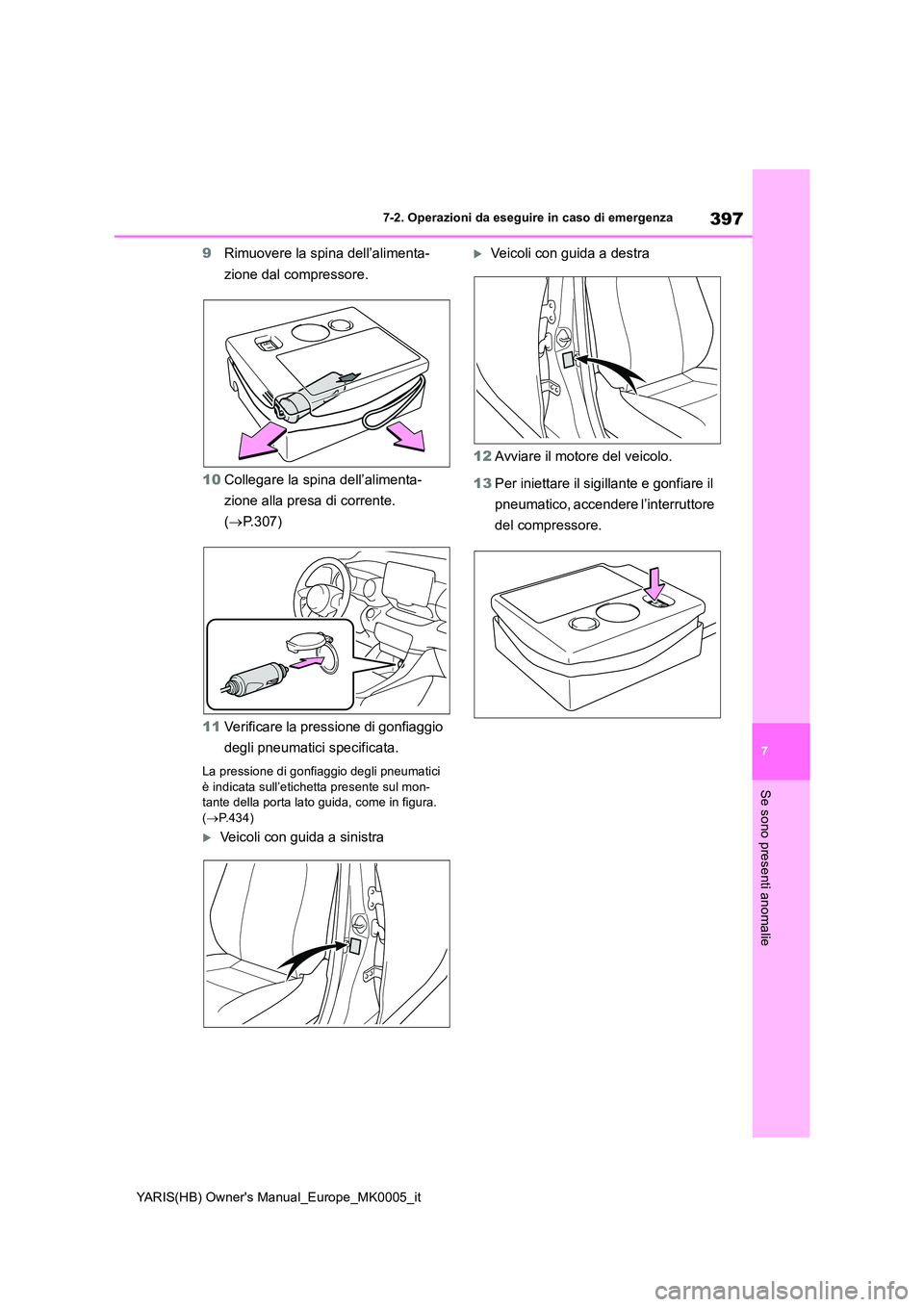 TOYOTA YARIS 2021  Manuale duso (in Italian) 397
7
YARIS(HB) Owners Manual_Europe_MK0005_it
7-2. Operazioni da eseguire in caso di emergenza
Se sono presenti anomalie
9Rimuovere la spina dell’alimenta- 
zione dal compressore. 
10 Collegare la