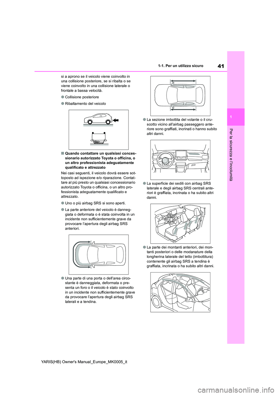TOYOTA YARIS 2021  Manuale duso (in Italian) 41
1
YARIS(HB) Owners Manual_Europe_MK0005_it
1-1. Per un utilizzo sicuro
Per la sicurezza e l’incolumità
si a aprono se il veicolo viene coinvolto in  una collisione posteriore, se si ribalta o s