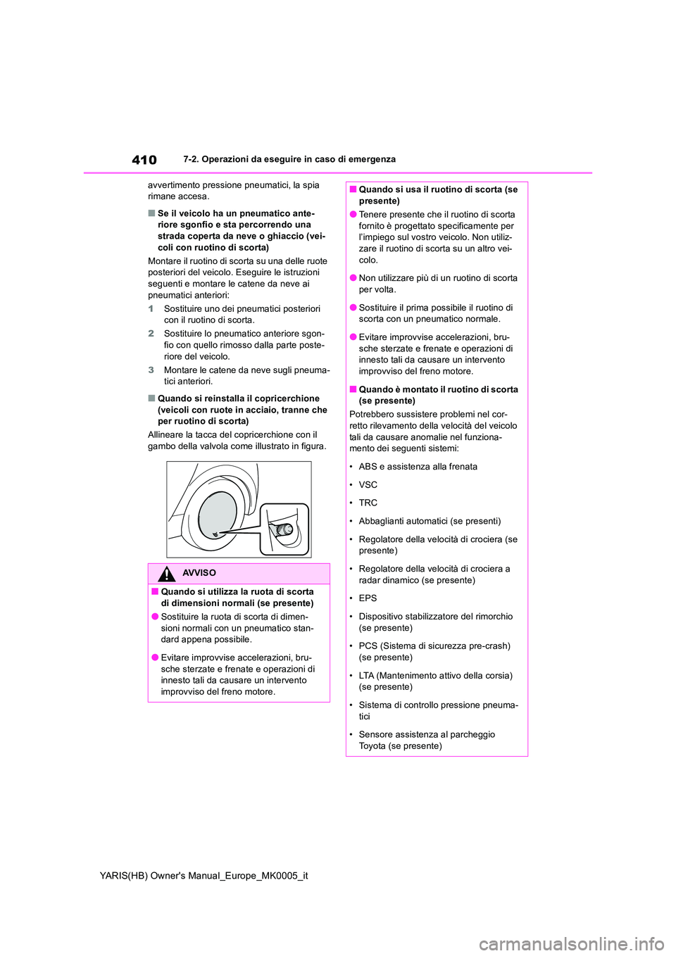 TOYOTA YARIS 2021 Manuale duso (in Italian) 410
YARIS(HB) Owners Manual_Europe_MK0005_it
7-2. Operazioni da eseguire in caso di emergenza
avvertimento pressione pneumatici, la spia rimane accesa.
■Se il veicolo ha un pneumatico ante-riore TOYOTA YARIS 2021 Manuale duso (in Italian) 410
YARIS(HB) Owners Manual_Europe_MK0005_it
7-2. Operazioni da eseguire in caso di emergenza
avvertimento pressione pneumatici, la spia rimane accesa.
■Se il veicolo ha un pneumatico ante-riore