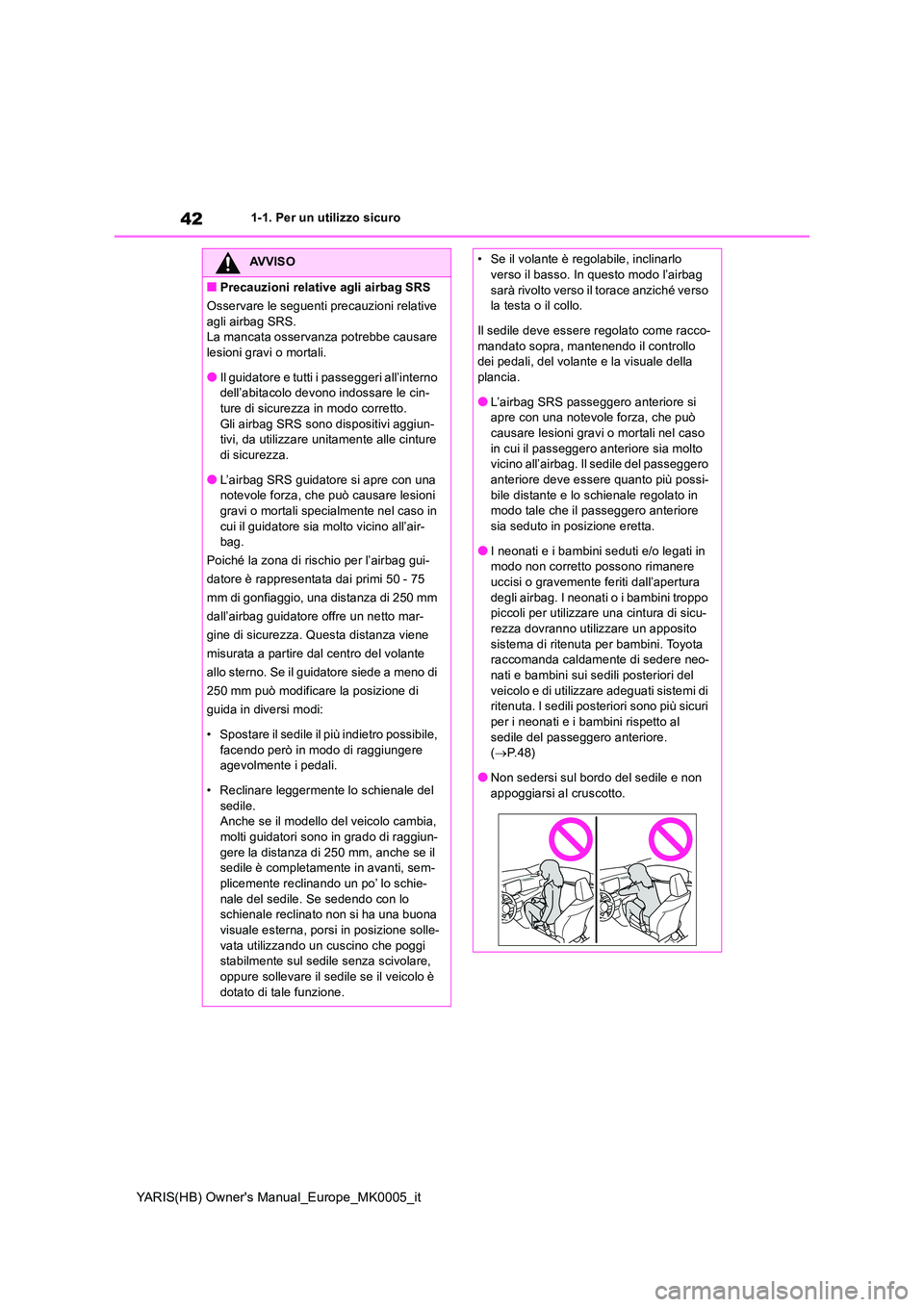 TOYOTA YARIS 2021  Manuale duso (in Italian) 42
YARIS(HB) Owners Manual_Europe_MK0005_it
1-1. Per un utilizzo sicuro
AVVISO
■Precauzioni relative agli airbag SRS 
Osservare le seguenti precauzioni relative  
agli airbag SRS. La mancata osserv