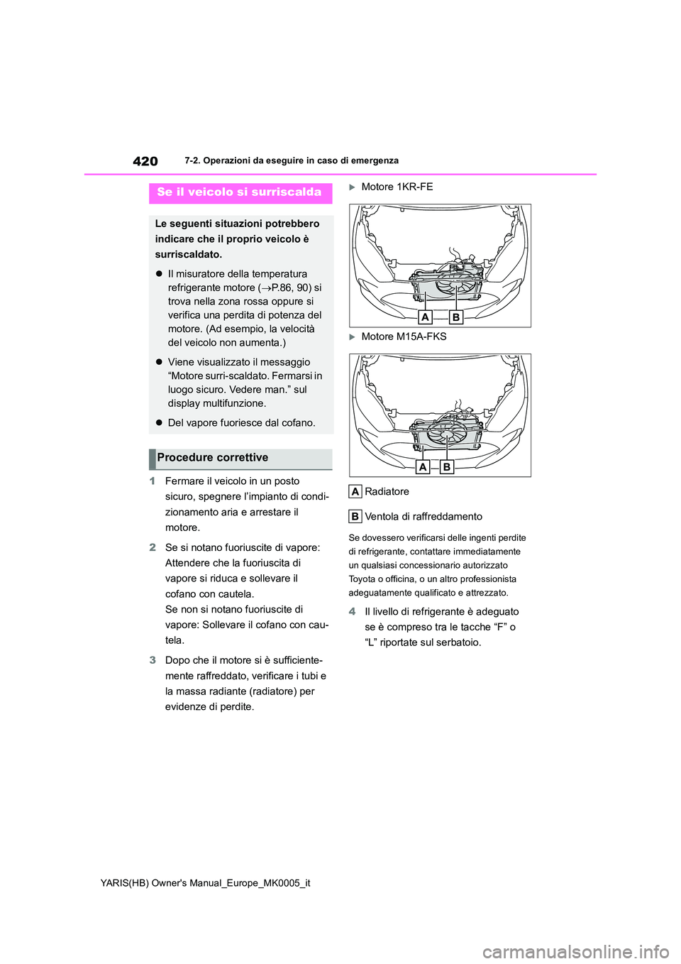 TOYOTA YARIS 2021 Manuale duso (in Italian) 420
YARIS(HB) Owners Manual_Europe_MK0005_it
7-2. Operazioni da eseguire in caso di emergenza
1Fermare il veicolo in un posto
sicuro, spegnere l’impianto di condi-
zionamento aria e arrestare il TOYOTA YARIS 2021 Manuale duso (in Italian) 420
YARIS(HB) Owners Manual_Europe_MK0005_it
7-2. Operazioni da eseguire in caso di emergenza
1Fermare il veicolo in un posto
sicuro, spegnere l’impianto di condi-
zionamento aria e arrestare il