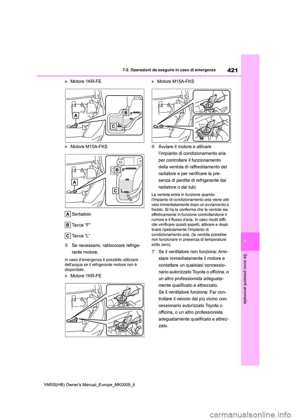 TOYOTA YARIS 2021 Manuale duso (in Italian) 421
7
YARIS(HB) Owners Manual_Europe_MK0005_it
7-2. Operazioni da eseguire in caso di emergenza
Se sono presenti anomalie
Motore 1KR-FE
Motore M15A-FKS
Serbatoio
Ta c c a “ F ”
Ta c c a TOYOTA YARIS 2021 Manuale duso (in Italian) 421
7
YARIS(HB) Owners Manual_Europe_MK0005_it
7-2. Operazioni da eseguire in caso di emergenza
Se sono presenti anomalie
Motore 1KR-FE
Motore M15A-FKS
Serbatoio
Ta c c a “ F ”
Ta c c a