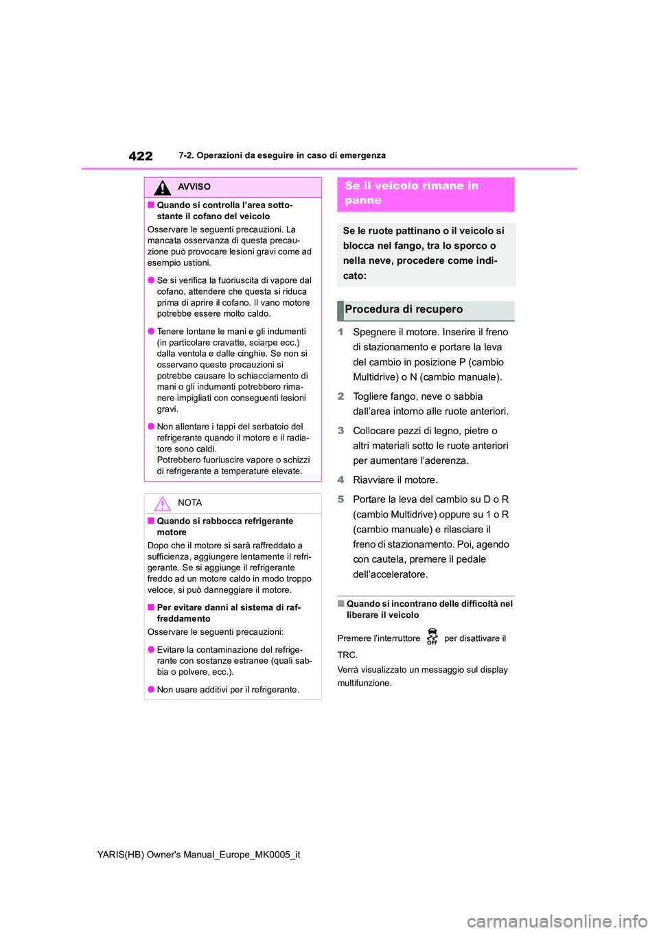 TOYOTA YARIS 2021 Manuale duso (in Italian) 422
YARIS(HB) Owners Manual_Europe_MK0005_it
7-2. Operazioni da eseguire in caso di emergenza
1Spegnere il motore. Inserire il freno
di stazionamento e portare la leva
del cambio in posizione P ( TOYOTA YARIS 2021 Manuale duso (in Italian) 422
YARIS(HB) Owners Manual_Europe_MK0005_it
7-2. Operazioni da eseguire in caso di emergenza
1Spegnere il motore. Inserire il freno
di stazionamento e portare la leva
del cambio in posizione P (