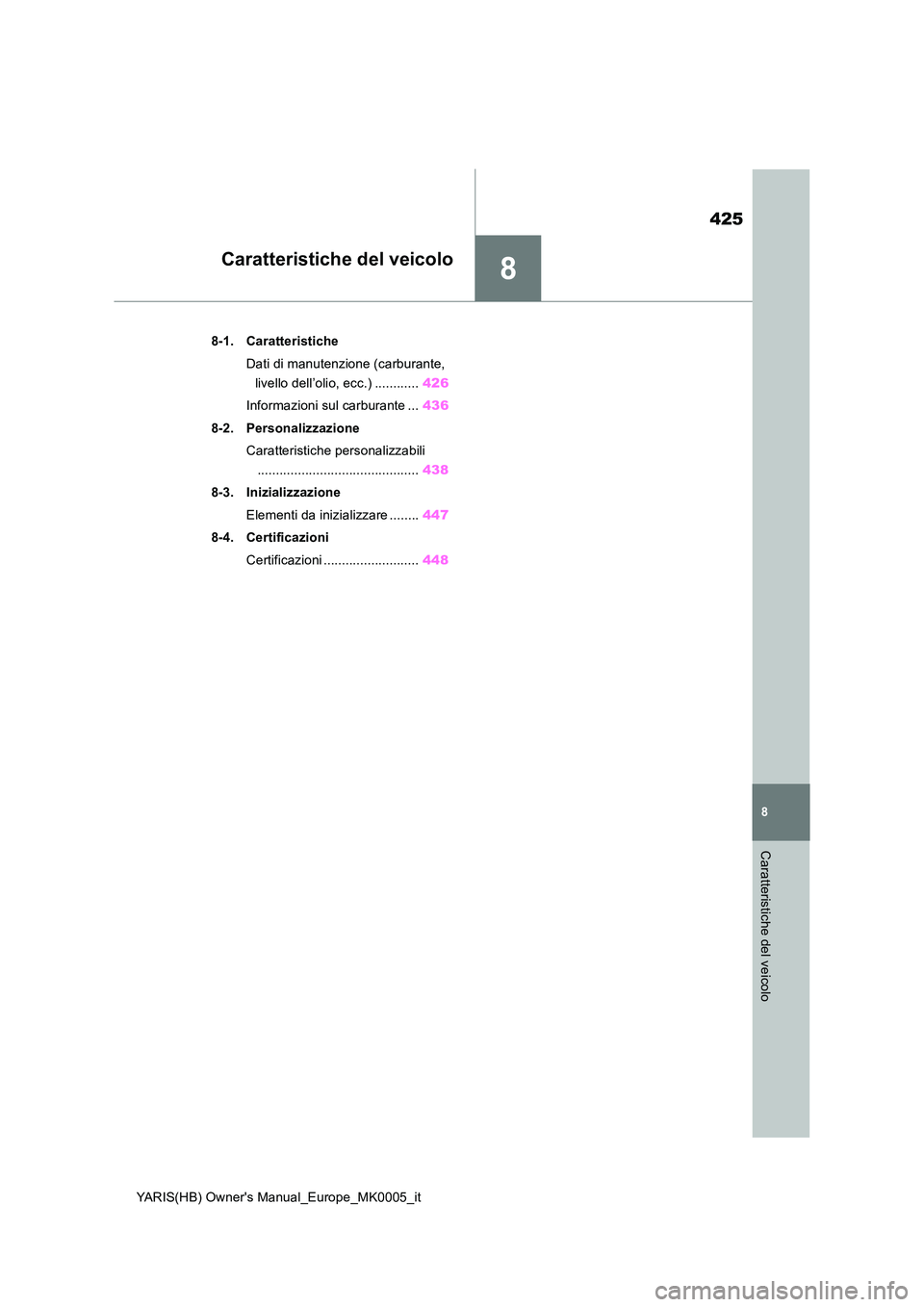 TOYOTA YARIS 2021  Manuale duso (in Italian) 8
425
YARIS(HB) Owners Manual_Europe_MK0005_it
8
Caratteristiche del veicolo
Caratteristiche del veicolo
8-1. Caratteristiche 
Dati di manutenzione (carburante,  
livello dell’olio, ecc.) .........