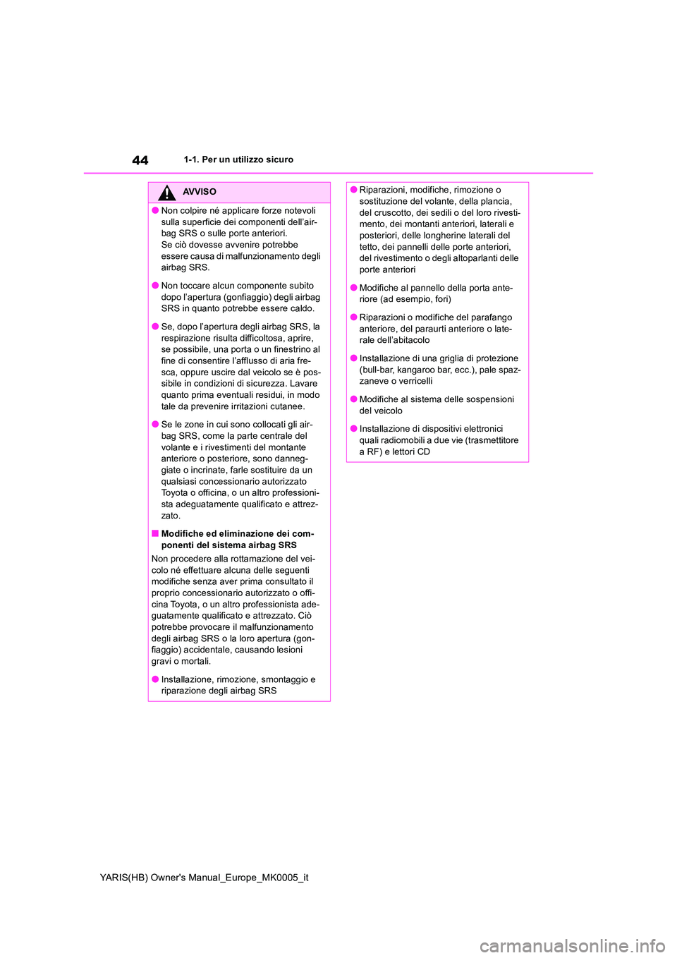 TOYOTA YARIS 2021  Manuale duso (in Italian) 44
YARIS(HB) Owners Manual_Europe_MK0005_it
1-1. Per un utilizzo sicuro
AVVISO
●Non colpire né applicare forze notevoli  
sulla superficie dei componenti dell’air- bag SRS o sulle porte anterior