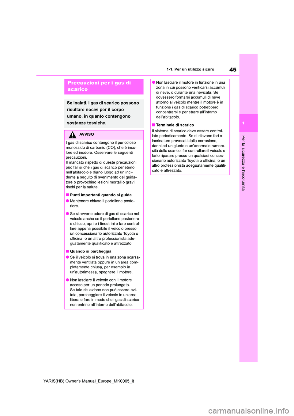 TOYOTA YARIS 2021  Manuale duso (in Italian) 45
1
YARIS(HB) Owners Manual_Europe_MK0005_it
1-1. Per un utilizzo sicuro
Per la sicurezza e l’incolumità
Precauzioni per i gas di  
scarico
Se inalati, i gas di scarico possono  
risultare nocivi