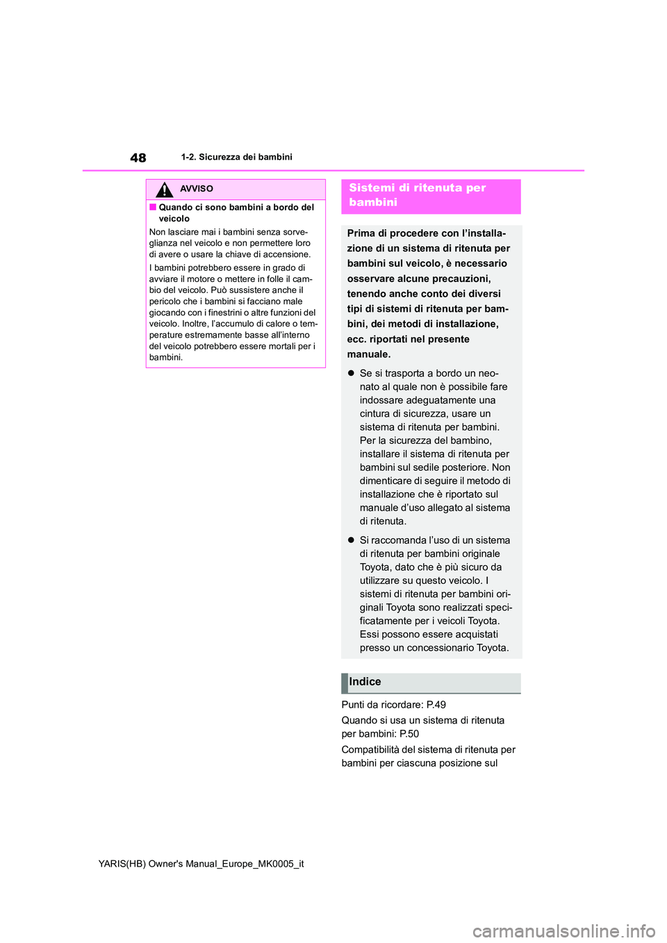 TOYOTA YARIS 2021  Manuale duso (in Italian) 48
YARIS(HB) Owners Manual_Europe_MK0005_it
1-2. Sicurezza dei bambini
Punti da ricordare: P.49 
Quando si usa un sistema di ritenuta  
per bambini: P.50 
Compatibilità del sistema di ritenuta per  