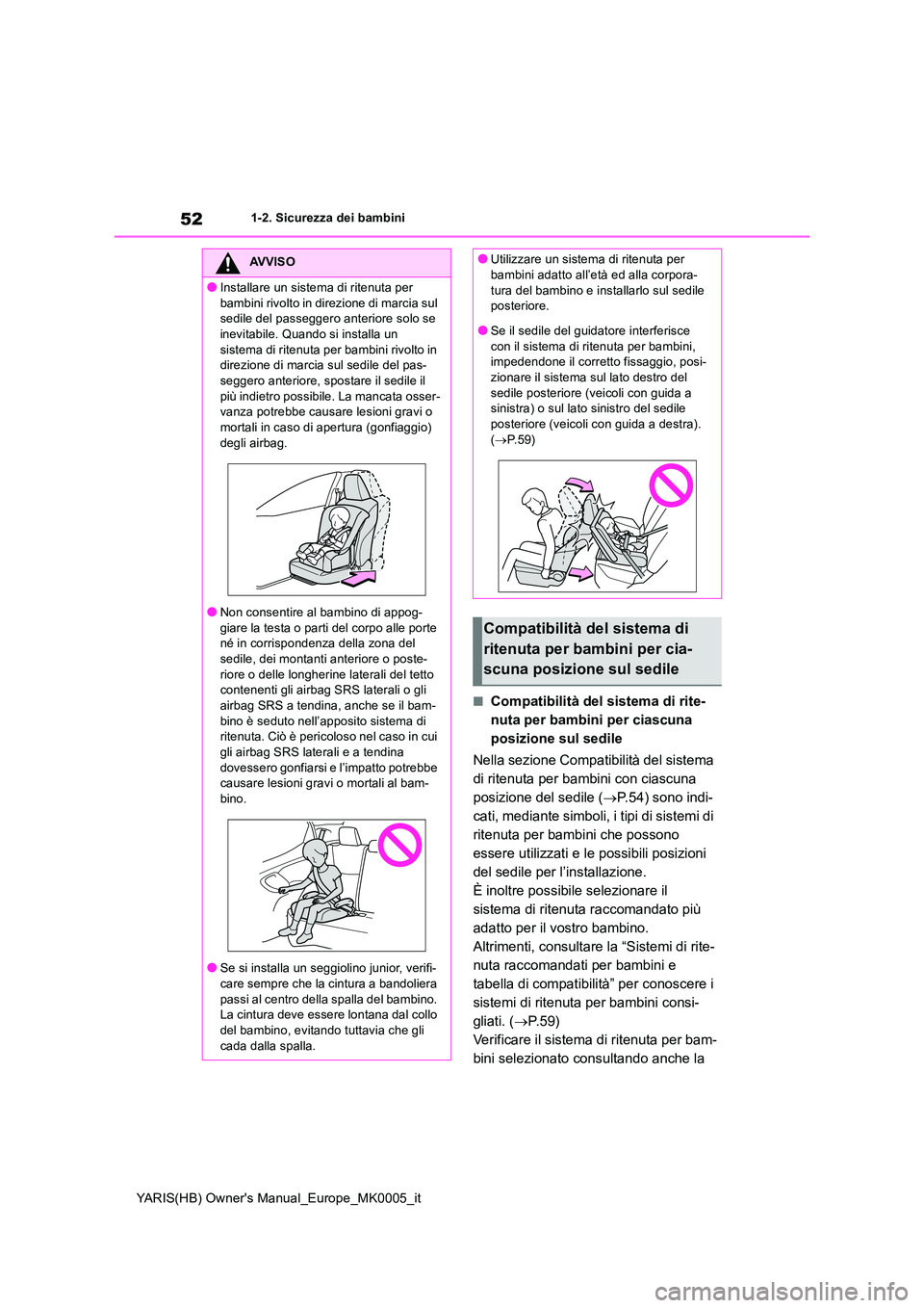 TOYOTA YARIS 2021  Manuale duso (in Italian) 52
YARIS(HB) Owners Manual_Europe_MK0005_it
1-2. Sicurezza dei bambini
■Compatibilità del sistema di rite- 
nuta per bambini per ciascuna 
posizione sul sedile 
Nella sezione Compatibilità del si