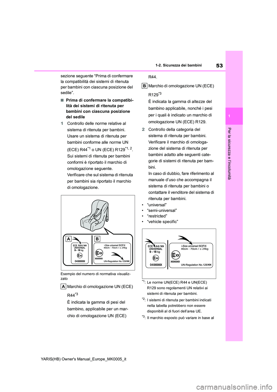 TOYOTA YARIS 2021  Manuale duso (in Italian) 53
1
YARIS(HB) Owners Manual_Europe_MK0005_it
1-2. Sicurezza dei bambini
Per la sicurezza e l’incolumità
sezione seguente “Prima di confermare  
la compatibilità dei sistemi di ritenuta 
per ba