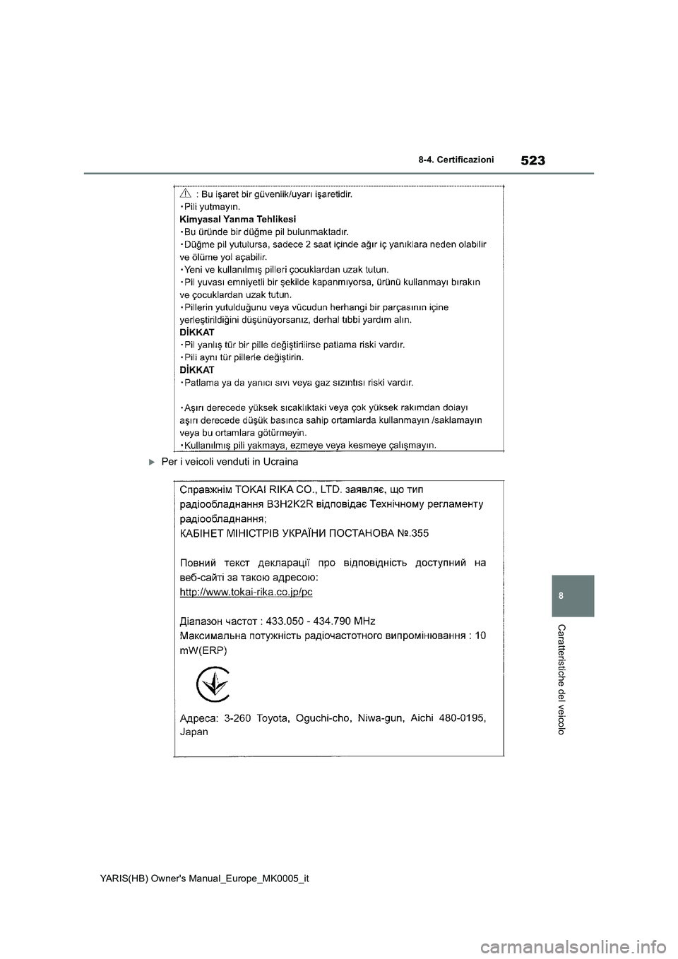 TOYOTA YARIS 2021  Manuale duso (in Italian) 523
8
YARIS(HB) Owners Manual_Europe_MK0005_it
8-4. Certificazioni
Caratteristiche del veicolo
Per i veicoli venduti in Ucraina 