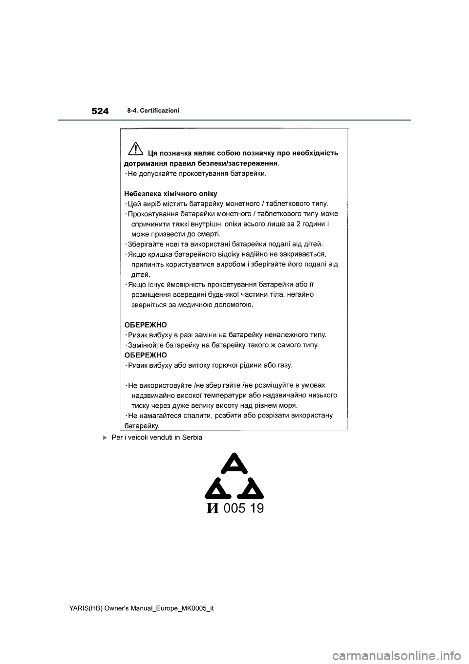 TOYOTA YARIS 2021  Manuale duso (in Italian) 524
YARIS(HB) Owners Manual_Europe_MK0005_it
8-4. Certificazioni
Per i veicoli venduti in Serbia 