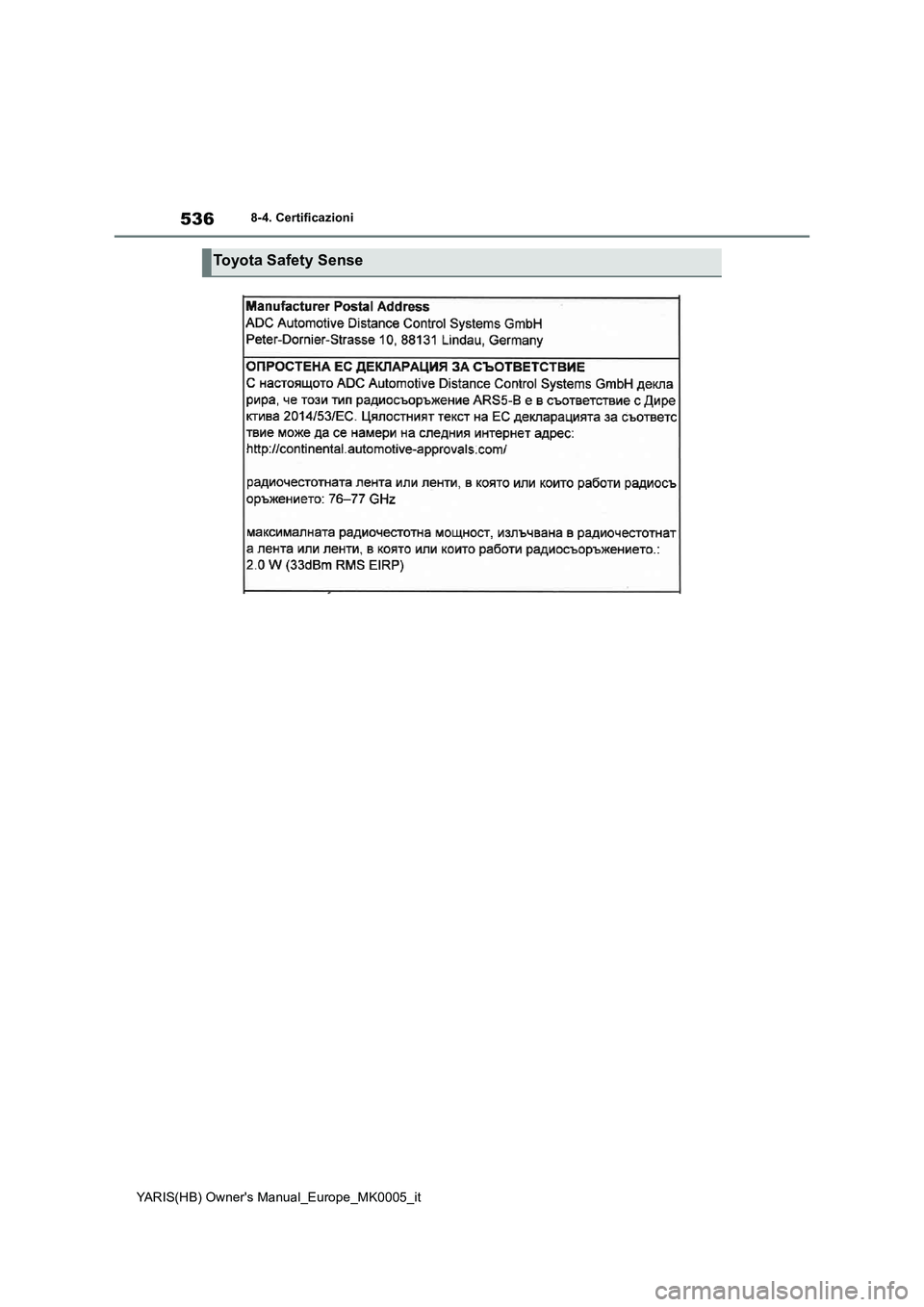 TOYOTA YARIS 2021  Manuale duso (in Italian) 536
YARIS(HB) Owners Manual_Europe_MK0005_it
8-4. Certificazioni
Toyota Safety Sense 