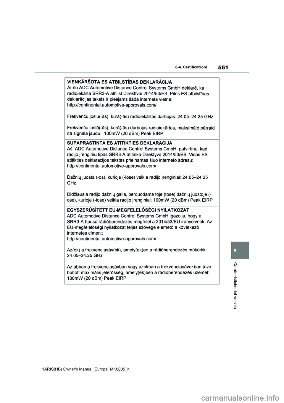 TOYOTA YARIS 2021  Manuale duso (in Italian) 551
8
YARIS(HB) Owners Manual_Europe_MK0005_it
8-4. Certificazioni
Caratteristiche del veicolo 