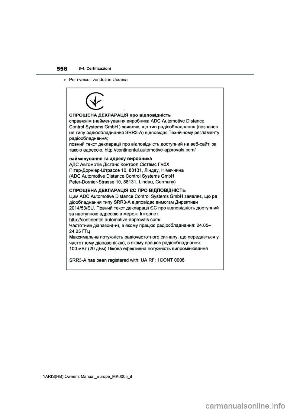 TOYOTA YARIS 2021  Manuale duso (in Italian) 556
YARIS(HB) Owners Manual_Europe_MK0005_it
8-4. Certificazioni
Per i veicoli venduti in Ucraina 
