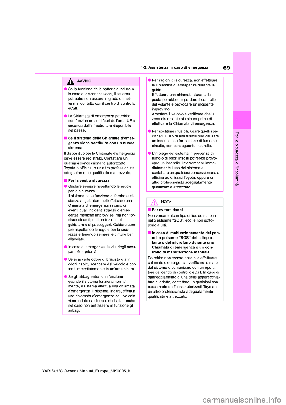 TOYOTA YARIS 2021  Manuale duso (in Italian) 69
1
YARIS(HB) Owners Manual_Europe_MK0005_it
1-3. Assistenza in caso di emergenza
Per la sicurezza e l’incolumità
AVVISO
●Se la tensione della batteria si riduce o  
in caso di disconnessione, 
