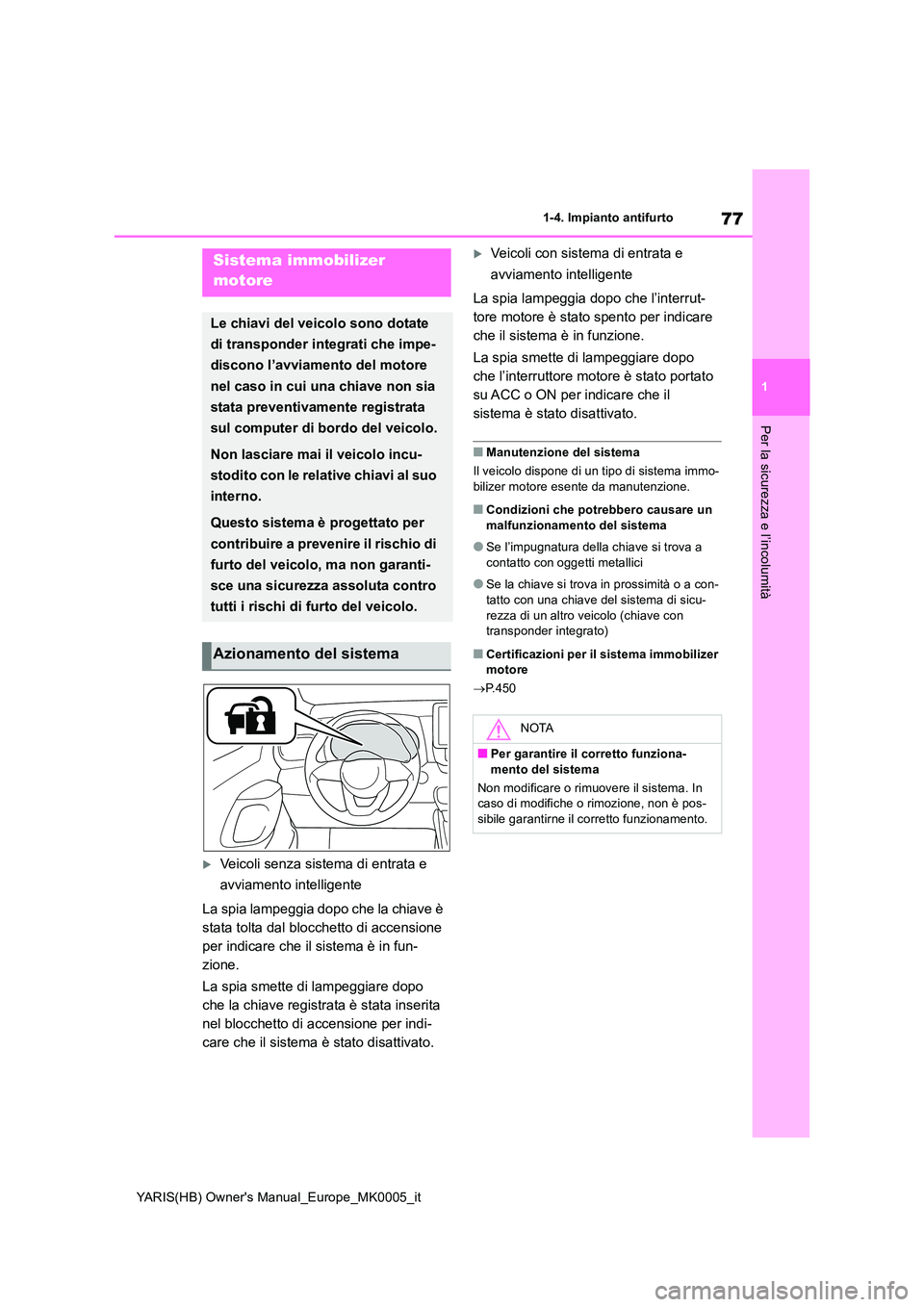 TOYOTA YARIS 2021 Manuale duso (in Italian) 77
1
YARIS(HB) Owners Manual_Europe_MK0005_it
1-4. Impianto antifurto
Per la sicurezza e l’incolumità
1-4.Impianto antifurto
Veicoli senza sistema di entrata e
avviamento intelligente
La spi TOYOTA YARIS 2021 Manuale duso (in Italian) 77
1
YARIS(HB) Owners Manual_Europe_MK0005_it
1-4. Impianto antifurto
Per la sicurezza e l’incolumità
1-4.Impianto antifurto
Veicoli senza sistema di entrata e
avviamento intelligente
La spi