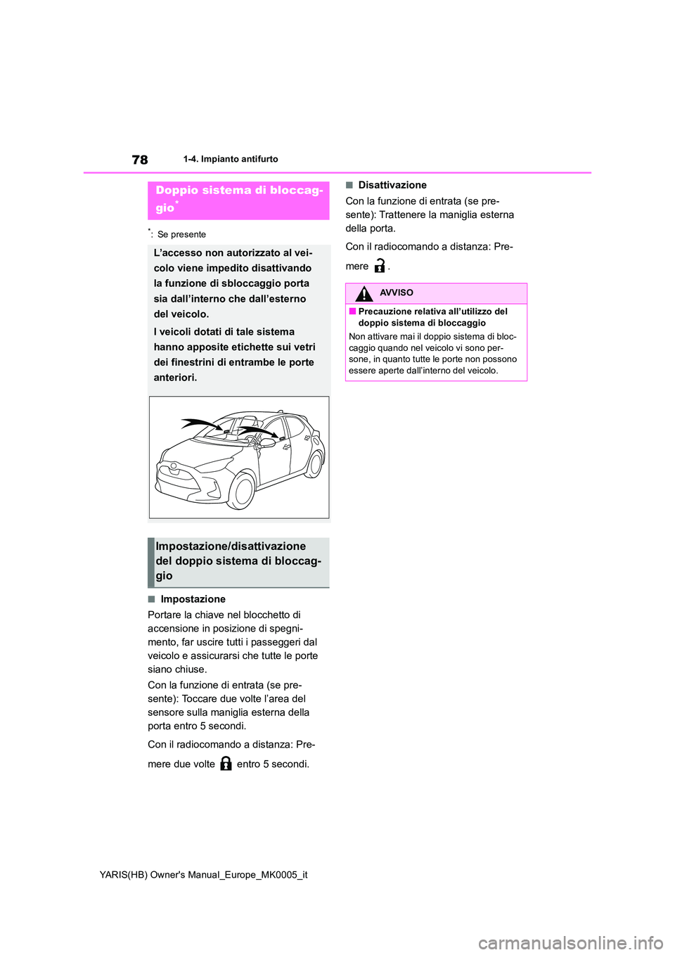 TOYOTA YARIS 2021 Manuale duso (in Italian) 78
YARIS(HB) Owners Manual_Europe_MK0005_it
1-4. Impianto antifurto
*: Se presente
■Impostazione
Portare la chiave nel blocchetto di
accensione in posizione di spegni-
mento, far uscire tutti i TOYOTA YARIS 2021 Manuale duso (in Italian) 78
YARIS(HB) Owners Manual_Europe_MK0005_it
1-4. Impianto antifurto
*: Se presente
■Impostazione
Portare la chiave nel blocchetto di
accensione in posizione di spegni-
mento, far uscire tutti i