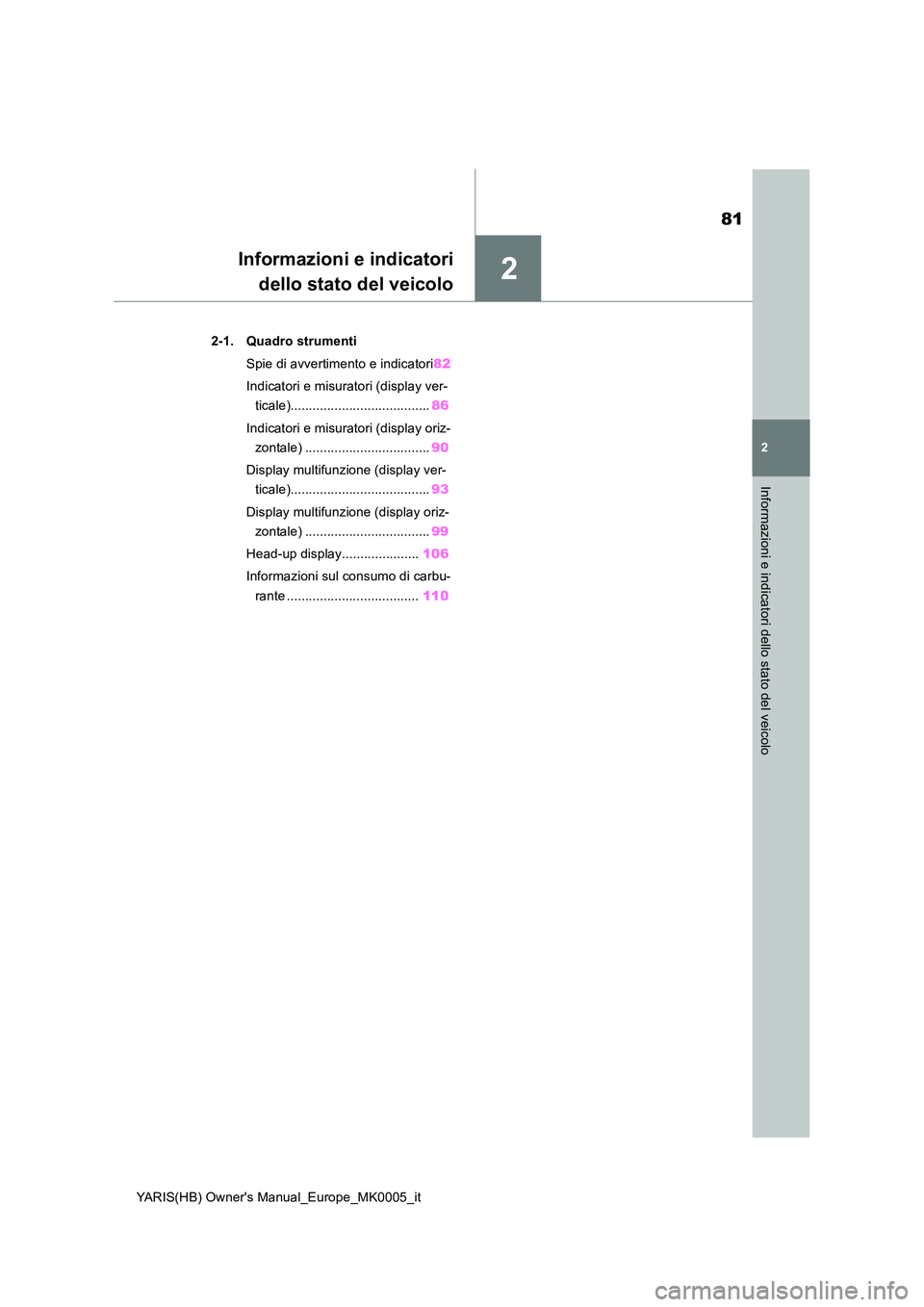 TOYOTA YARIS 2021  Manuale duso (in Italian) 2
81
YARIS(HB) Owners Manual_Europe_MK0005_it
2
Informazioni e indicatori dello stato del veicolo
Informazioni e indicatori 
dello stato del veicolo
2-1. Quadro strumenti 
Spie di avvertimento e indi