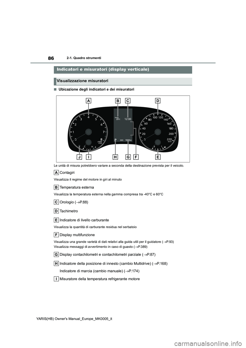 TOYOTA YARIS 2021  Manuale duso (in Italian) 86
YARIS(HB) Owners Manual_Europe_MK0005_it
2-1. Quadro strumenti
■Ubicazione degli indicatori e dei misuratori
Le unità di misura potrebbero variare a seconda della destinazione prevista per il v