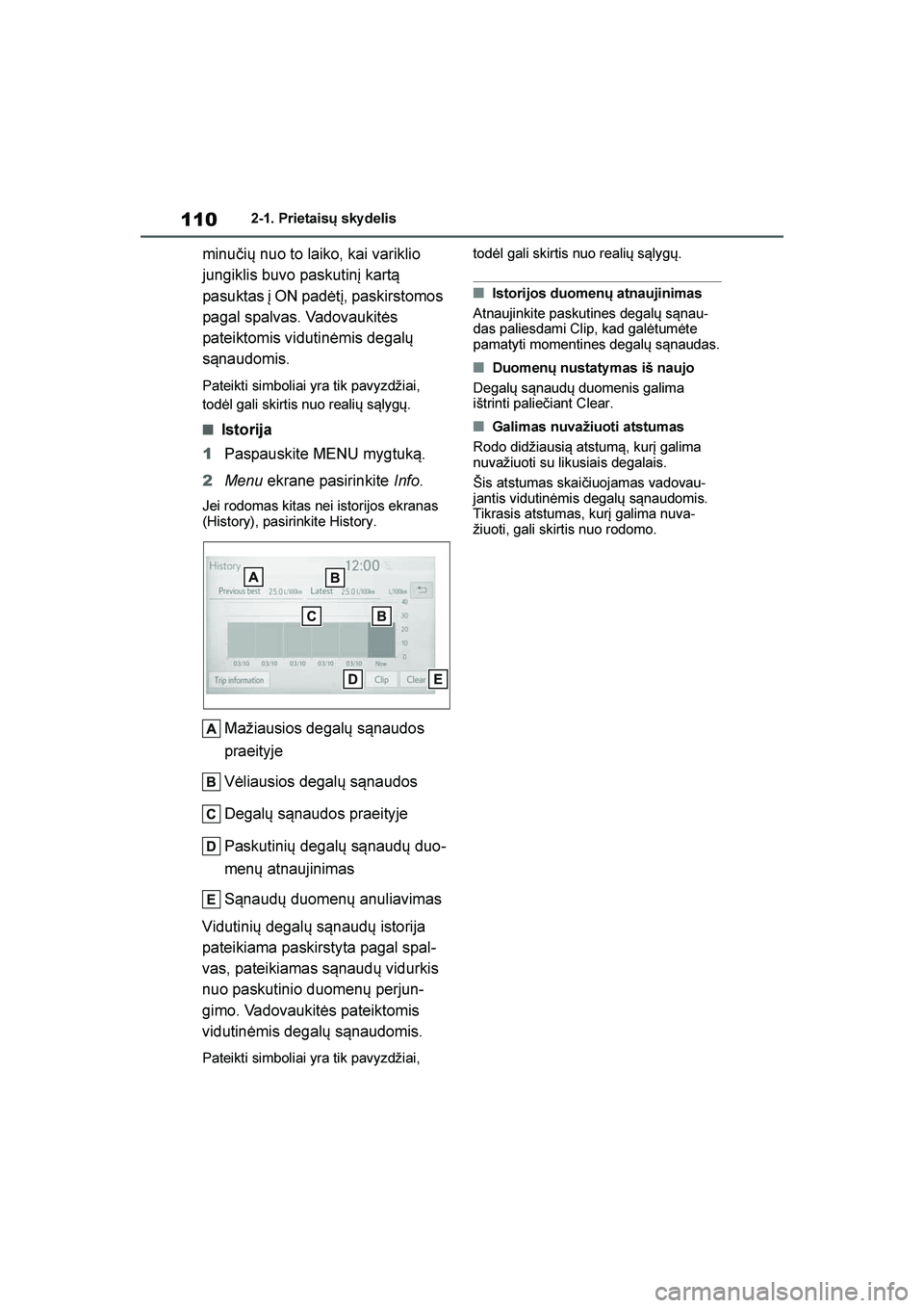TOYOTA YARIS 2021  Eksploatavimo vadovas (in Lithuanian) 
110
YARIS(HB) Owners Manual_Europe_MK0001_LT
2-1. Prietaisų sky delis
minučių nuo to laiko, kai variklio 
jungiklis buvo paskutinį kart\b 
pasuktas į ON padėtį, paskirstomos 
pagal spalvas. V