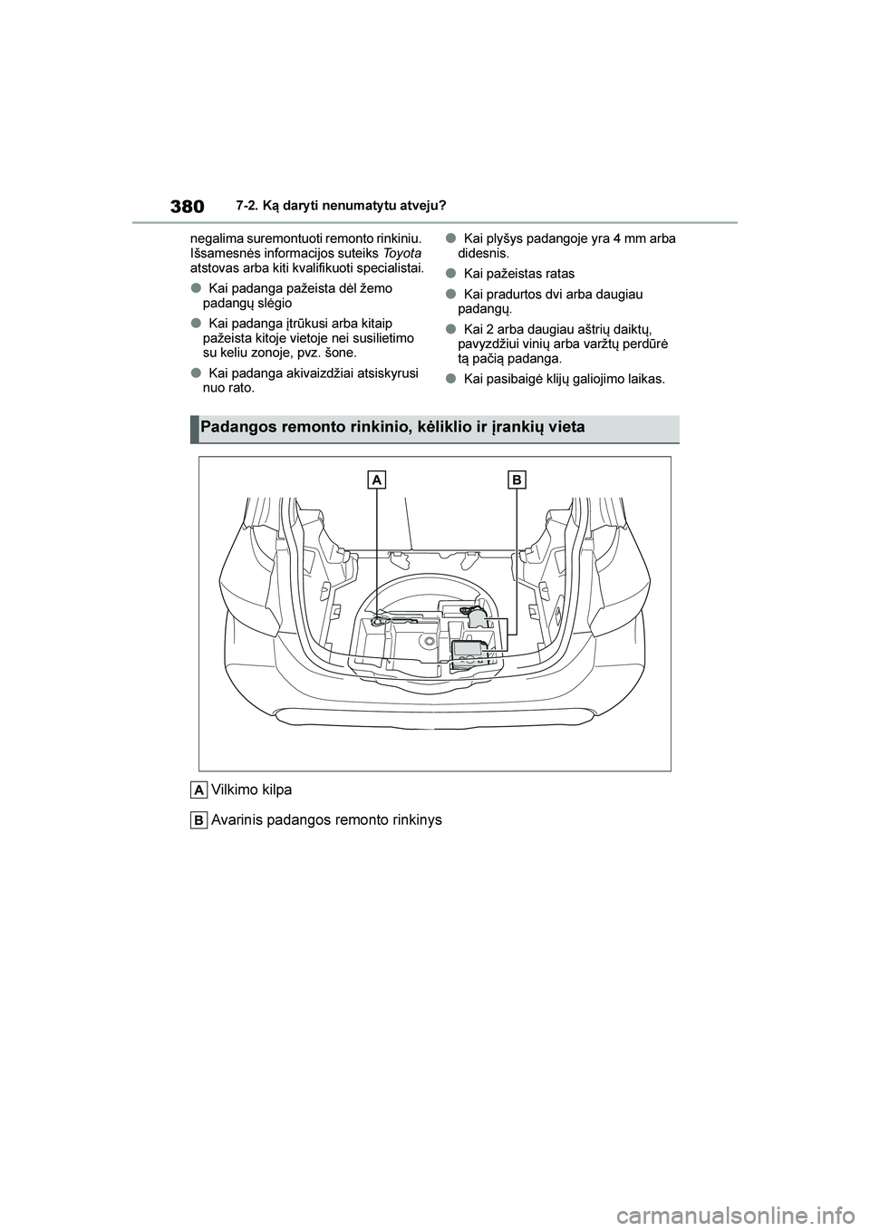 TOYOTA YARIS 2021  Eksploatavimo vadovas (in Lithuanian) 
380
YARIS(HB) Owners Manual_Europe_MK0001_LT
7-2. Ką dary ti nenumaty tu atveju?
negalima suremontuoti remonto rinkiniu. 
Išsamesnės informacijos suteiks  Toyota 
atstovas arba kiti kvalifikuoti 